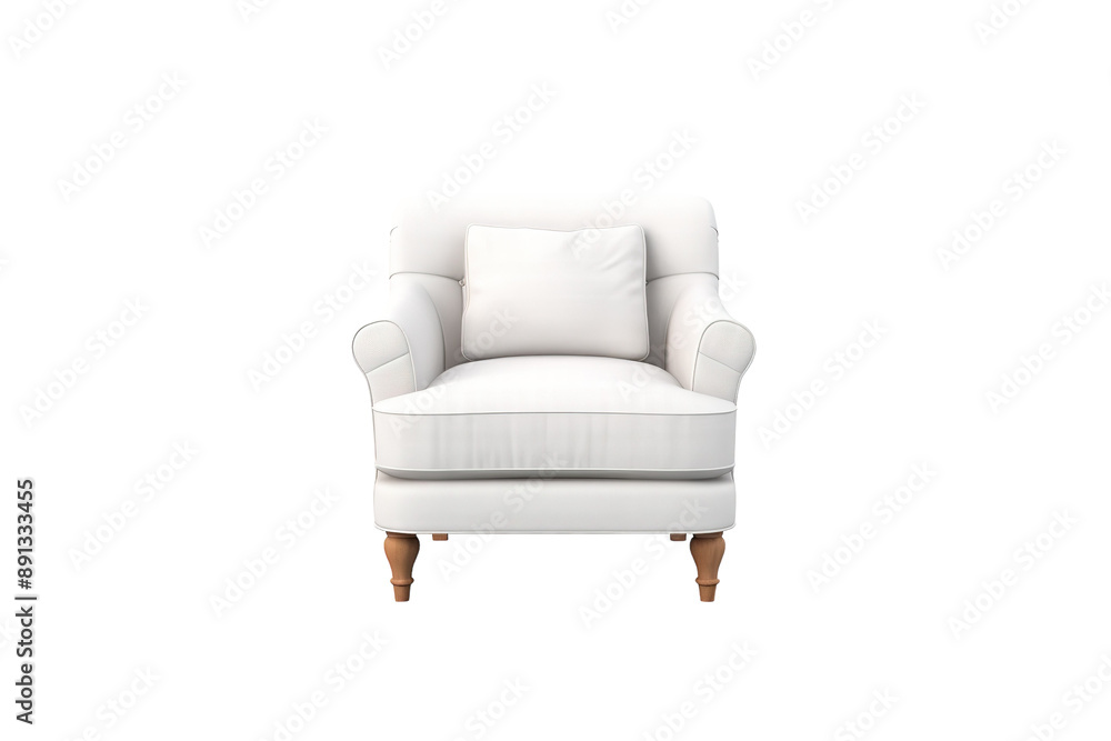 A White Upholstered Armchair With Wooden Legs on a White Background on a Clear PNG or White Background. A White Upholstered Armchair With Wooden Legs on a White Background on a Clear PNG or White Background.