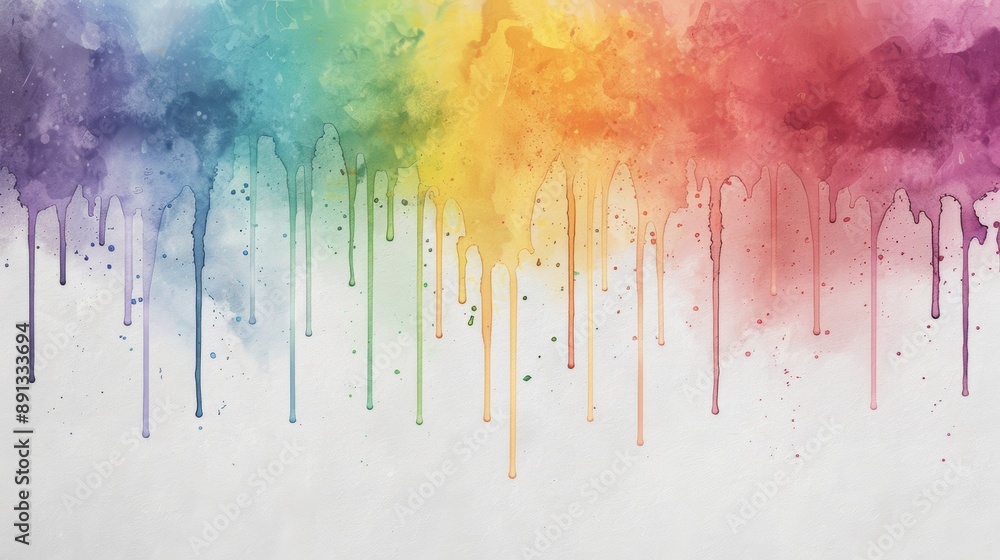 Fototapeta premium Abstract watercolor background with vibrant rainbow colors dripping down a white , creating a dynamic and artistic effect.