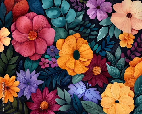 Wallpaper Mural mesmerizing birdseye view of a lush garden with vibrant flowers, winding shiny silk threads in detailed watercolor art Torontodigital.ca