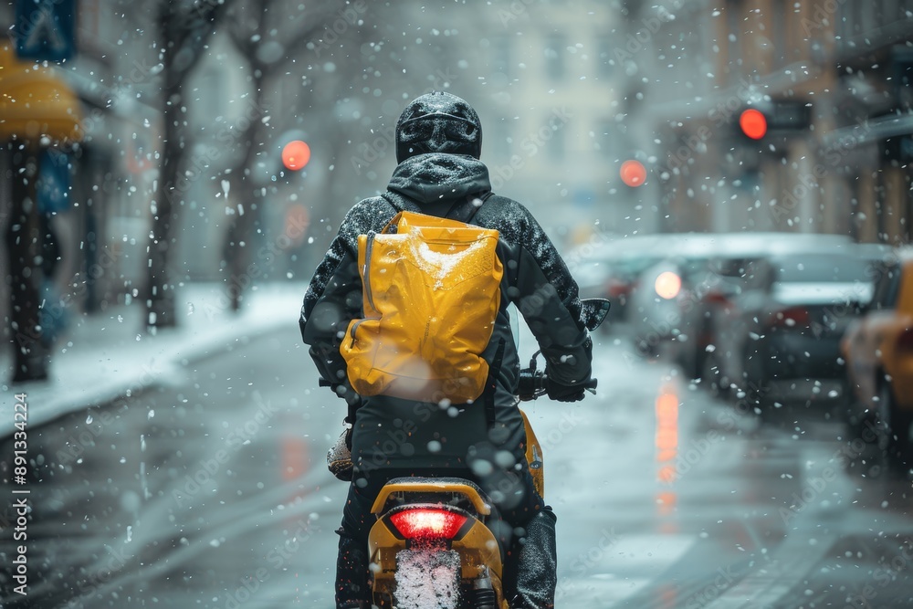 Delivery Person Braving Snowy Weather, Reliability and Dedication in Urban Environment Delivery Person Braving Snowy Weather, Reliability and Dedication in Urban Environment