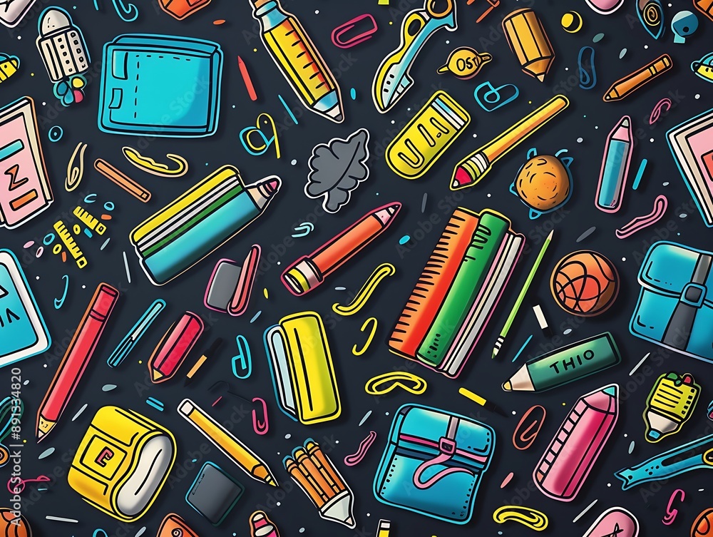 Cartoon pattern of school supplies on dark background, vibrant back to school concept. Cartoon pattern of school supplies on dark background, vibrant back to school concept.