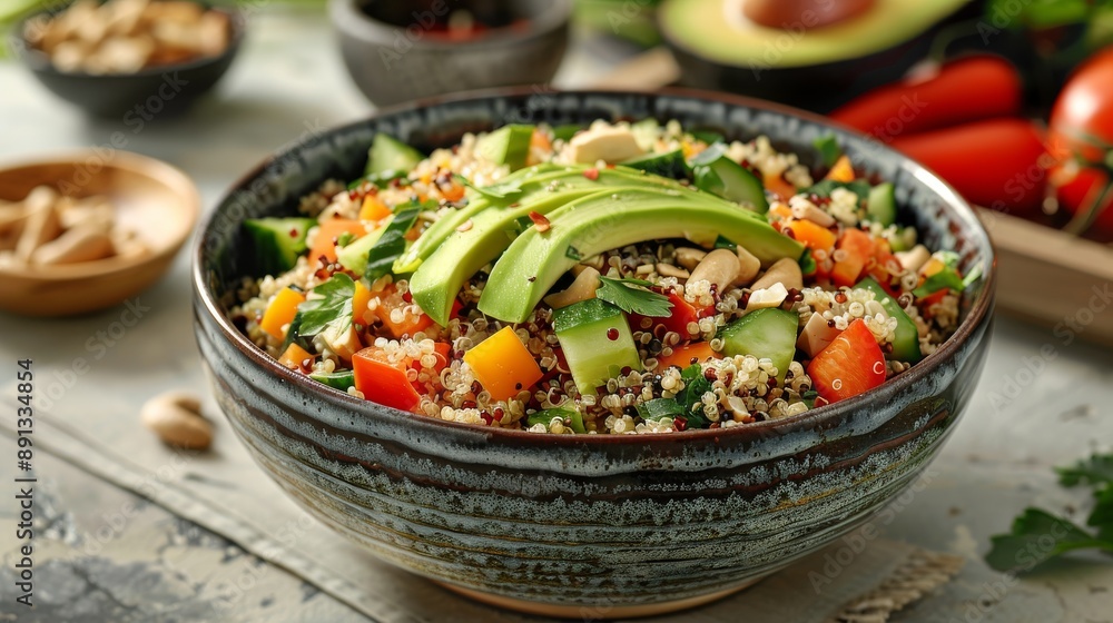 colorful bowl of quinoa salad with mixed vegetables, avocado slices, and a sprinkle of nuts, placed on a light, modern dining table colorful bowl of quinoa salad with mixed vegetables, avocado slices, and a sprinkle of nuts, placed on a light, modern dining table