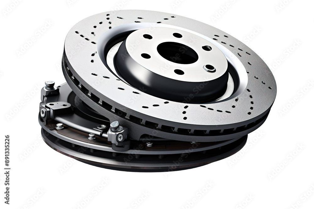 Drilled and Slotted Brake Rotors: A Close-Up of Performance on a Clear PNG or White Background. Drilled and Slotted Brake Rotors: A Close-Up of Performance on a Clear PNG or White Background.