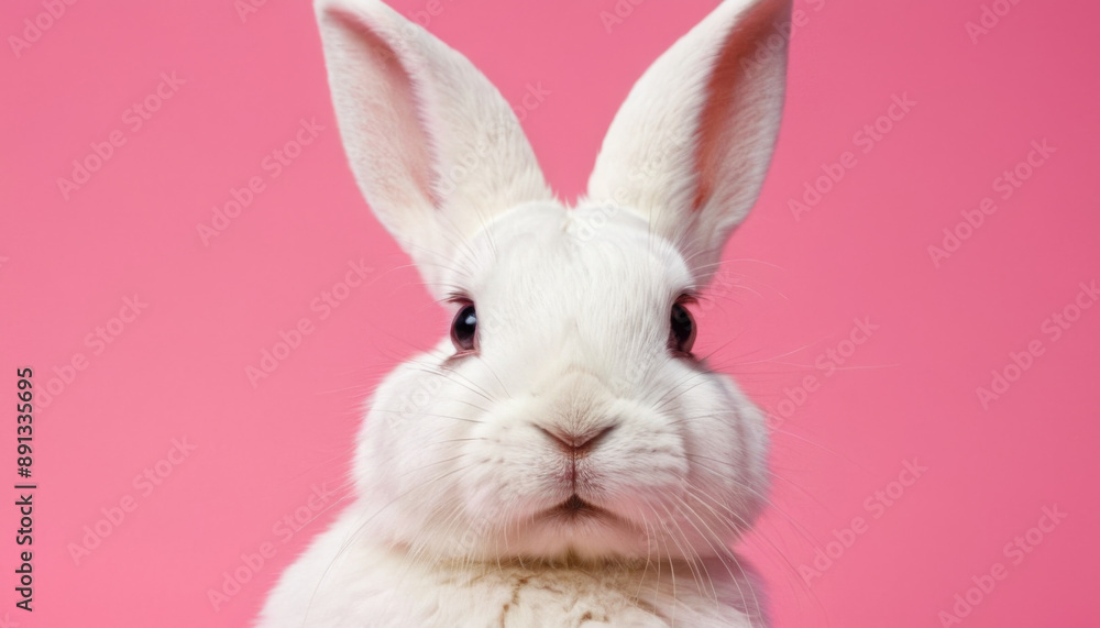 A white rabbit with long ears and big, dark eyes stares directly at the camera against a bright pink background A white rabbit with long ears and big, dark eyes stares directly at the camera against a bright pink background