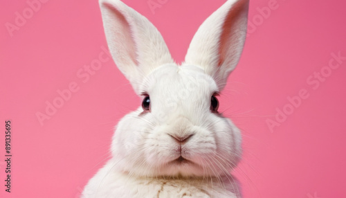 A white rabbit with long ears and big, dark eyes stares directly at the camera against a bright pink background