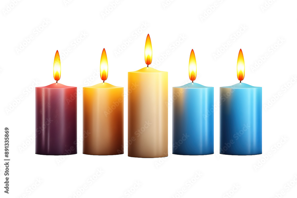 Five Colorful Candles Burning Brightly on a White Background on a Clear PNG or White Background. Five Colorful Candles Burning Brightly on a White Background on a Clear PNG or White Background.