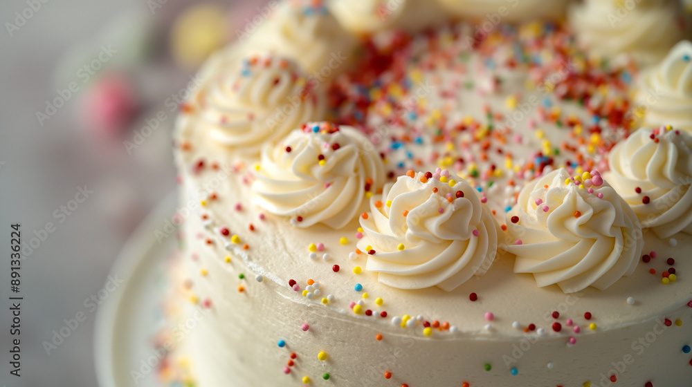 Close-up to a tasty creamy birthday cake with colored sweet sprinkles on a beautiful plate with copy space for text Close-up to a tasty creamy birthday cake with colored sweet sprinkles on a beautiful plate with copy space for text