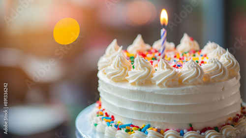 Close-up to a tasty creamy birthday cake with colored sweet sprinkles on a beautiful plate with copy space for text photo