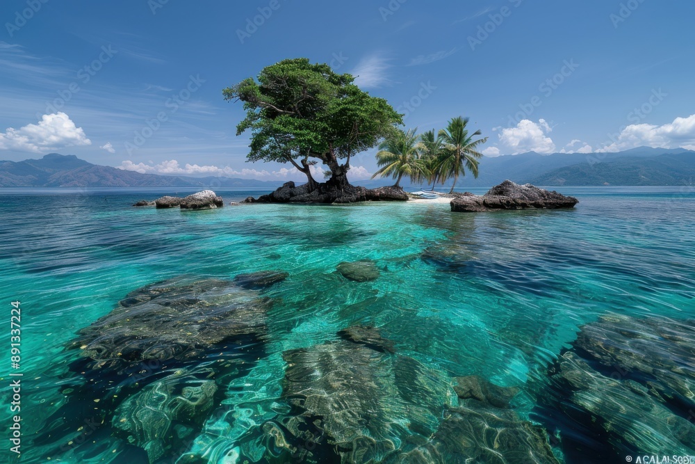 Fototapeta premium An isolated tree and palm trees stand majestically on a small rocky islet surrounded by crystal-clear waters, creating a striking and serene natural scene.