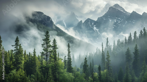 Mist-shrouded peaks and a lush forest paint a breathtaking landscape in Banff National Park, Canada.