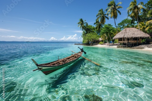 A traditional wooden boat is moored by a picturesque beach hut on a crystal-clear tropical shoreline. Palm trees and clear skies add to the serene atmosphere.