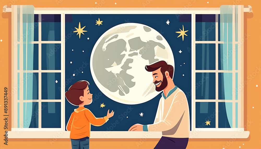 A touching moment of a parent and child gazing at the moon together through a window, with the moon shining brightly. A touching moment of a parent and child gazing at the moon together through a window, with the moon shining brightly.