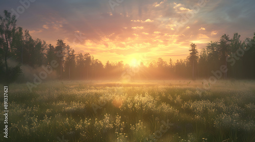 Morning Tranquility: A Serene Sunrise Over an Expansive Meadow with Dew-Kissed Grass and Majestic Trees