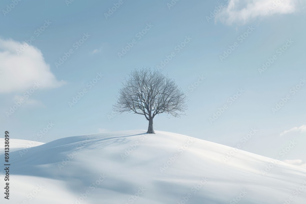 A stark and serene winter scene capturing a single tree standing alone on a smooth, snow-covered hillside under a clear, bright blue sky. A stark and serene winter scene capturing a single tree standing alone on a smooth, snow-covered hillside under a clear, bright blue sky.