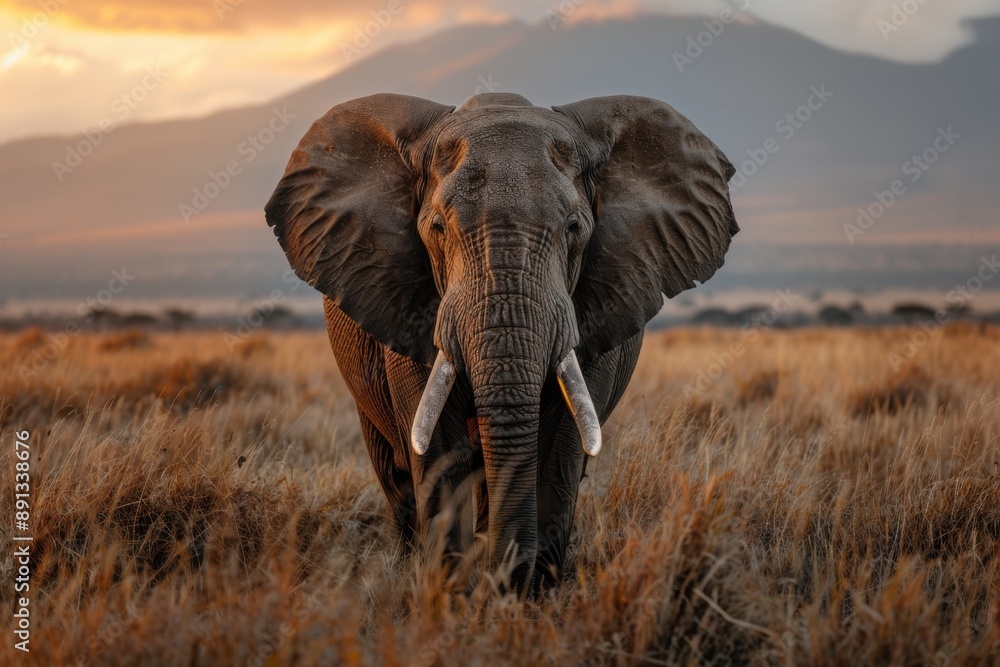 Obraz premium Close-up shot of an elephant standing in open plains during sunset. The golden hour light enhances the majestic presence of the elephant in its natural habitat.