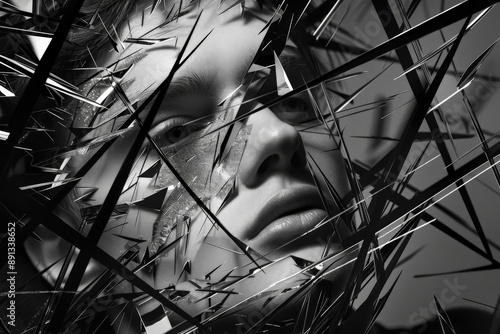 A black and white abstract portrait is intertwined with sharp, jagged shapes, presenting a unique juxtaposition of human emotion and stark, striking lines.