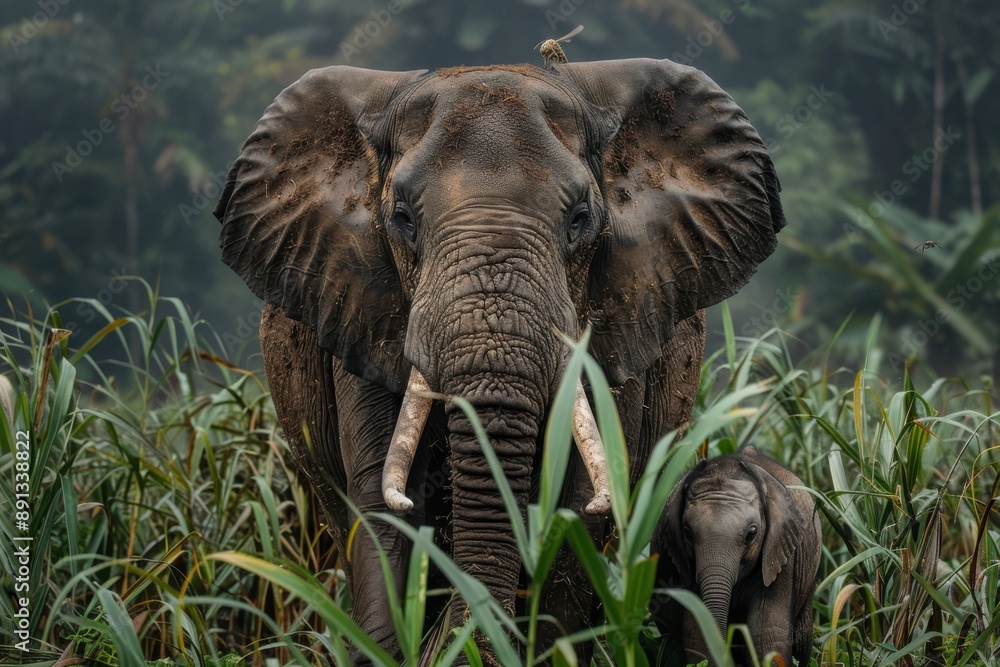 Fototapeta premium A majestic adult elephant and its baby stand amidst lush greenery in the wild, with a bird perched atop, highlighting the beauty of wildlife and nature.