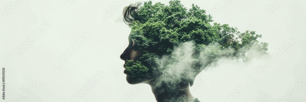Double exposure of a person's silhouette with lush green foliage, representing a harmonious connection between human and nature. Double exposure of a person's silhouette with lush green foliage, representing a harmonious connection between human and nature.