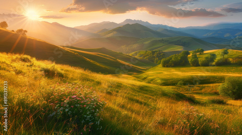 Stunning Romanian countryside at sunset. Beautiful springtime scene with grassy fields and rolling hills against a mountain backdrop.