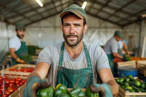 A worker wearing an apron, holding a crate filled with green bell peppers, likely in a market or farm setting, indicating a scene of fresh produce handling and agriculture work. photo