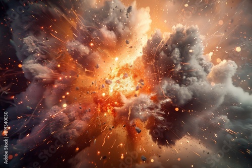 A powerful explosion emitting fiery orange and gray smoke. The composition emphasizes the intensity and dynamic nature of the event, with sparks and debris in motion. photo