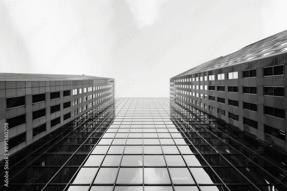 This image offers an upward view between two tall modern buildings, emphasizing the sleek glass facade of a central skyscraper against a minimalistic and bright sky in black and white. This image offers an upward view between two tall modern buildings, emphasizing the sleek glass facade of a central skyscraper against a minimalistic and bright sky in black and white.