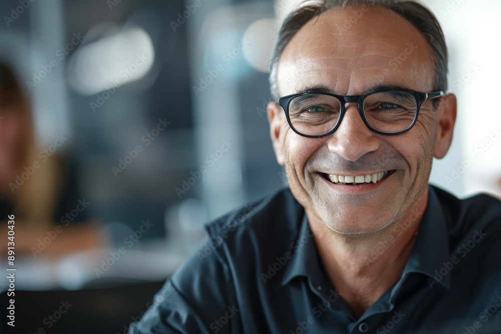 A smiling middle-aged man wearing glasses is pictured in a business-casual outfit, exuding warmth and friendliness in a contemporary office setting filled with natural light. A smiling middle-aged man wearing glasses is pictured in a business-casual outfit, exuding warmth and friendliness in a contemporary office setting filled with natural light.