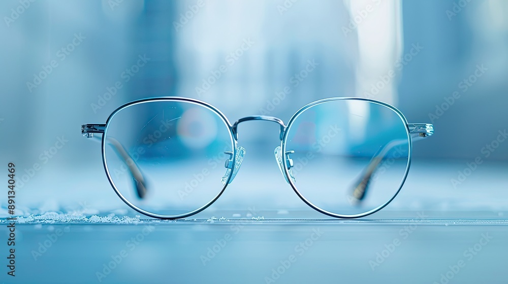 A pair of eyeglasses with clear lenses resting on a smooth, reflective surface. The background is blurred, emphasizing the glasses in focus A pair of eyeglasses with clear lenses resting on a smooth, reflective surface. The background is blurred, emphasizing the glasses in focus