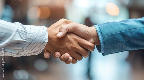 A close-up of a handshake between two business professionals, symbolizing agreement, partnership, and mutual cooperation in a professional setting photo