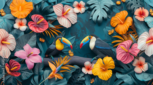  Painting colorful tropical  flowers with Knobbed ,Hornbills ,parrot sitting on a branch in the forest,tropical flowers, orchids, anthuriums and green leave. photo