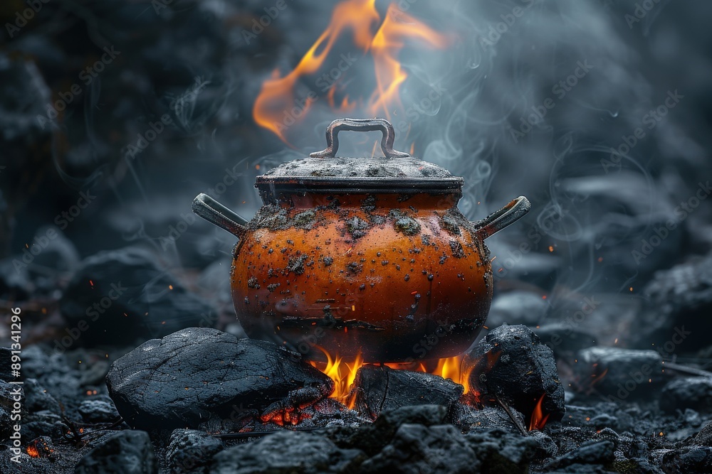 A rustic, rusty pot simmering on an open flame with smoke and steam rising in a natural, outdoor setting, creating a primitive yet cozy campfire scene. A rustic, rusty pot simmering on an open flame with smoke and steam rising in a natural, outdoor setting, creating a primitive yet cozy campfire scene.