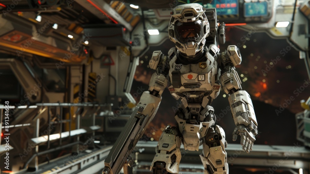 A man in a white space suit is standing in a room with a gun in his hand A man in a white space suit is standing in a room with a gun in his hand