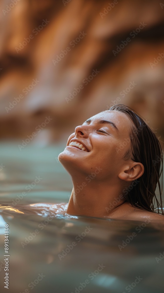 Fototapeta premium A beautiful woman soaking in the Virgin River in the Narrows in Zion National Park in Utah / Summertime holiday in nature in a natural spring