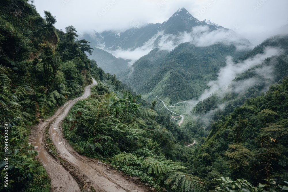 A winding mountain road cuts through a dense, misty rainforest, with towering peaks in the background, creating a dramatic and adventurous driving route. A winding mountain road cuts through a dense, misty rainforest, with towering peaks in the background, creating a dramatic and adventurous driving route.
