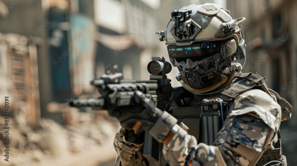 A soldier in a futuristic uniform is holding a rifle and looking at the camera A soldier in a futuristic uniform is holding a rifle and looking at the camera