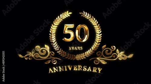50th Anniversary Celebration. Golden 50 Years Anniversary Animation in Gold Color on the Transparent Background, Alpha Channel. Great for greetings, celebrations, events, and gifts.