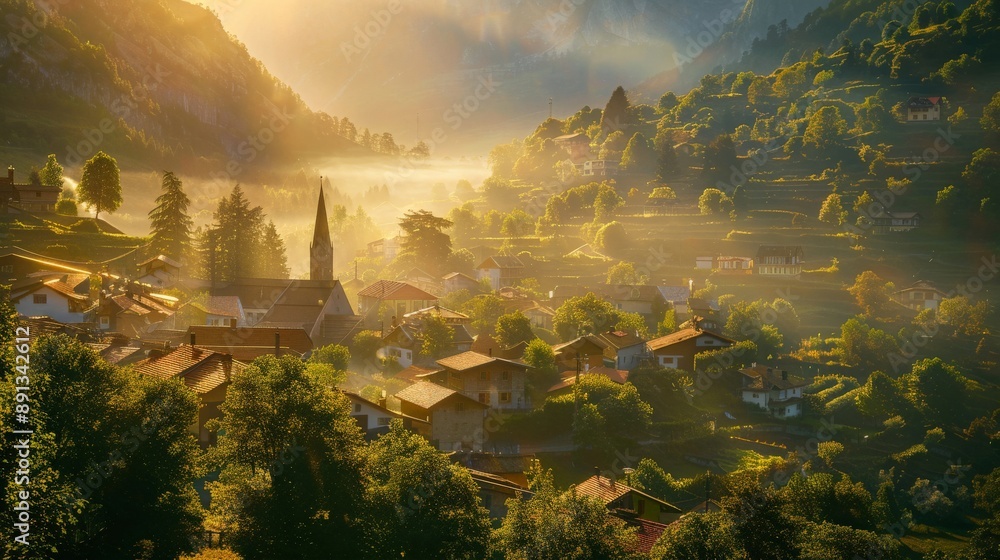 Fototapeta premium Sunlight casting a warm glow on a picturesque village
