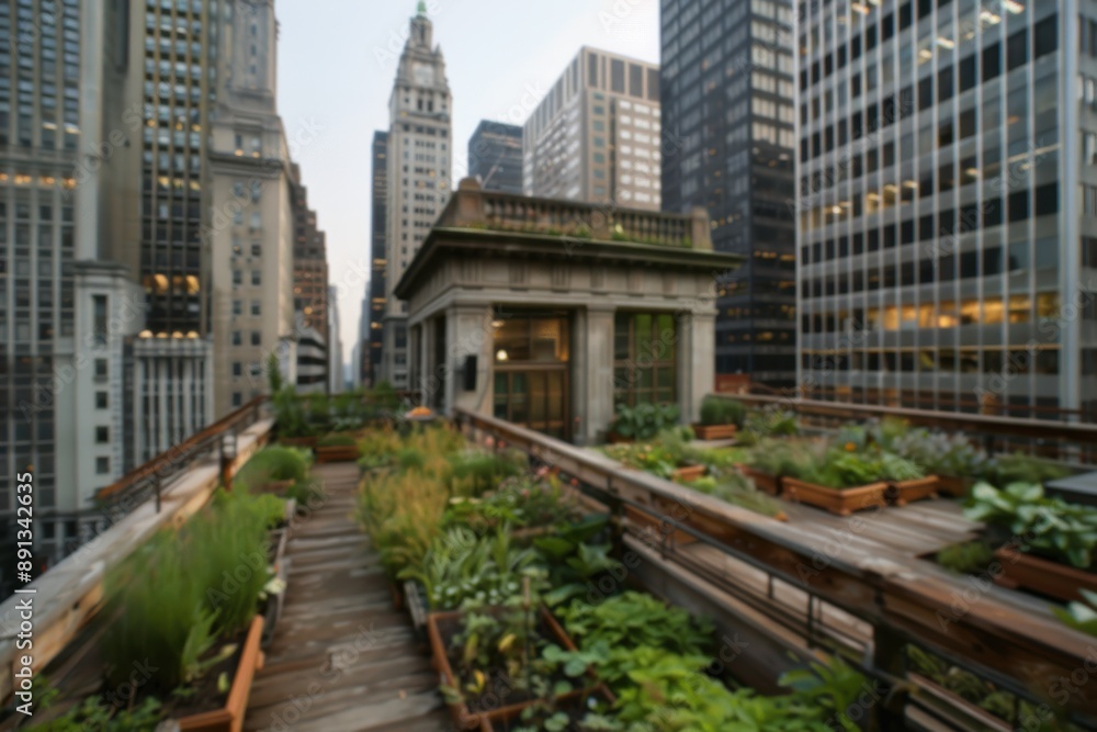 Fototapeta premium A vintage rooftop garden populated with various plants and wooden paths, set against the backdrop of an iconic city skyline with towering buildings.