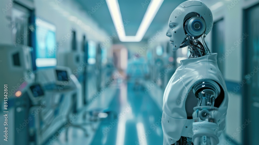 Fototapeta premium A robot is standing in a hospital hallway