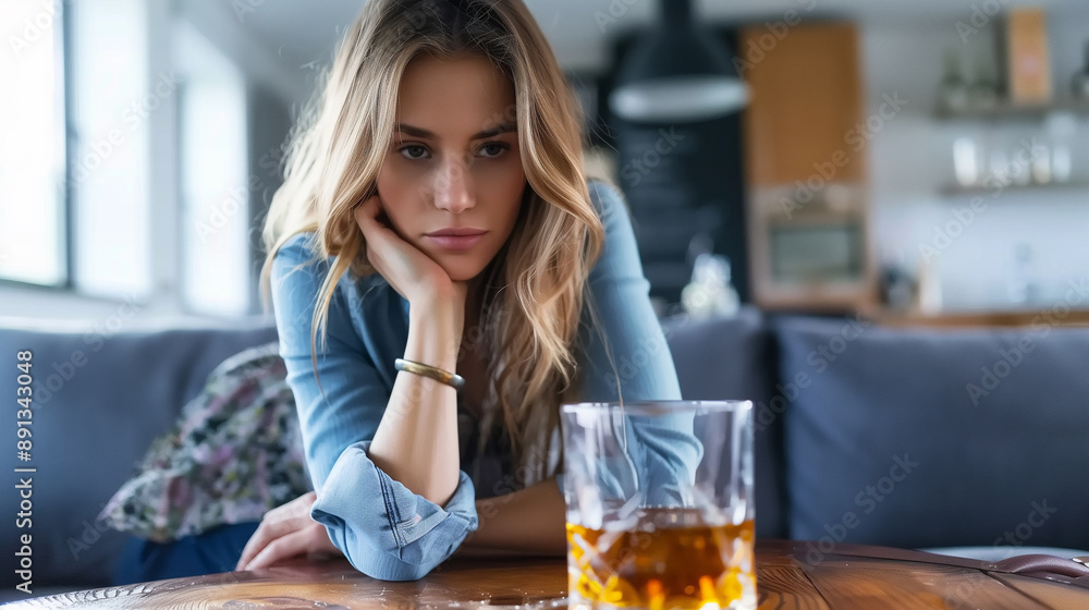 Portrait of pretty young woman sitting in living room and looking at glass with drink. Alcoholic issue concept. Generative AI Portrait of pretty young woman sitting in living room and looking at glass with drink. Alcoholic issue concept. Generative AI