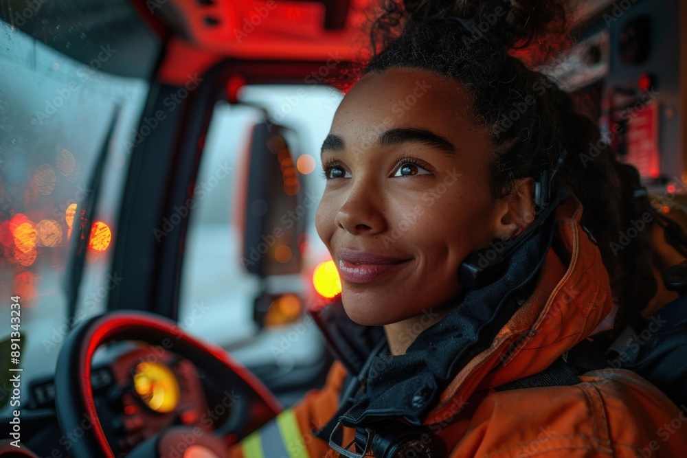 A female firefighter with a reassuring smile inside the firetruck, highlighting her determination and bravery as she prepares to handle an emergency situation. A female firefighter with a reassuring smile inside the firetruck, highlighting her determination and bravery as she prepares to handle an emergency situation.
