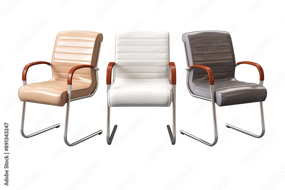 Obraz premium Three Office Chairs With Sleek Metal Frames and Plush Upholstery Stand in a Row Against a White Backdrop. The Chairs Are Each a Different Color on a Clear PNG or White Background.