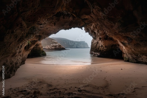 The photograph captures a beautiful beach seen through a cave opening with rocky formations at the entrance. The scene evokes feelings of discovery and exploration.