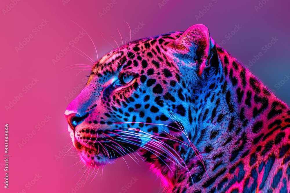 close-up of leopard face with neon light glowing background fantasy artwork, generative ai. Beautiful simple AI generated image in 4K, unique.