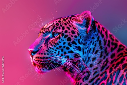 Obraz na płótnie close-up of leopard face with neon light glowing background fantasy artwork, generative ai. Beautiful simple AI generated image in 4K, unique. w salonie