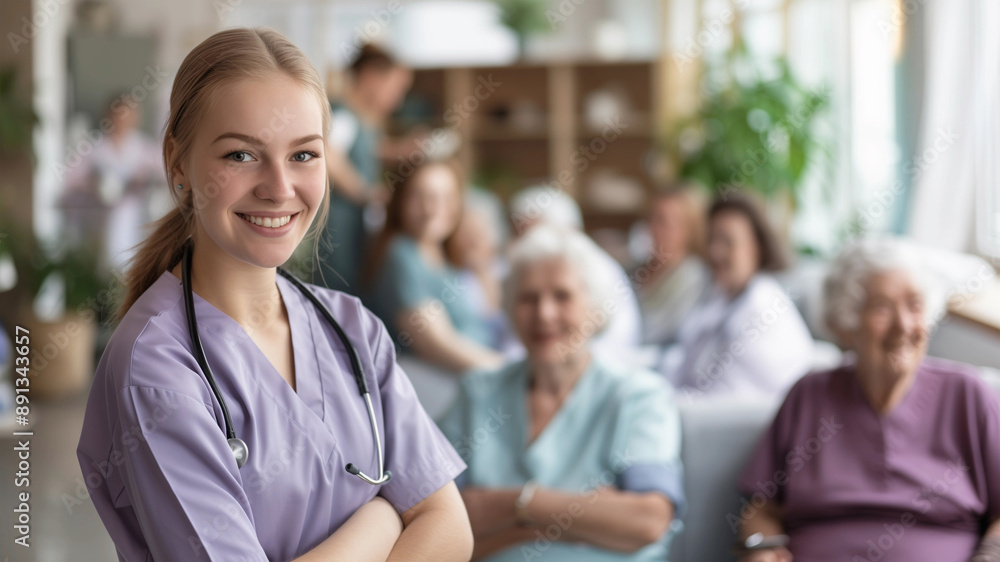 Fototapeta premium Fröhliche junge Frau macht Ausbildung zur Pflegekraft