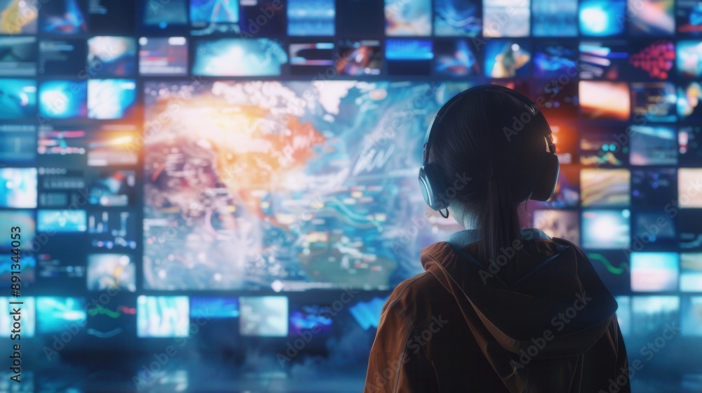 A woman is looking at a computer screen with many different images on it A woman is looking at a computer screen with many different images on it