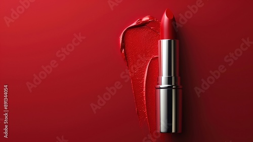 Vibrant Red Lipstick with Smudged Swatch on Red Background - High-Quality Beauty Product Image for Makeup, Cosmetics, and Fashion