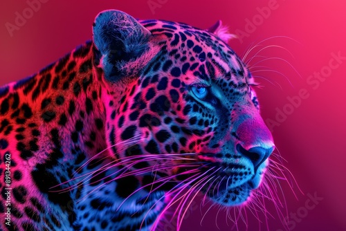 A vibrant, neon-colored leopard stares intensely from behind a backdrop of tropical foliage. Beautiful simple AI generated image in 4K, unique.