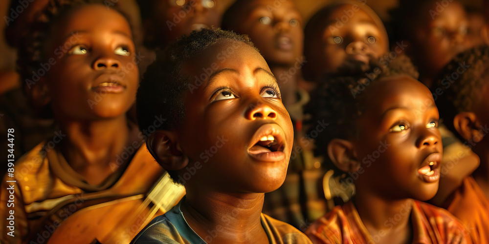 Sound of Inspiration: A group of African American children play instruments and sing together, their faces illuminated by a soft, natural light. Sound of Inspiration: A group of African American children play instruments and sing together, their faces illuminated by a soft, natural light.